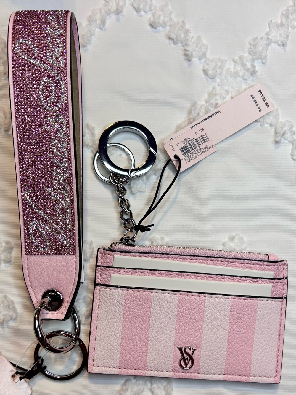 Victoria's Secret Pink Striped Card Case with Glitter Strap